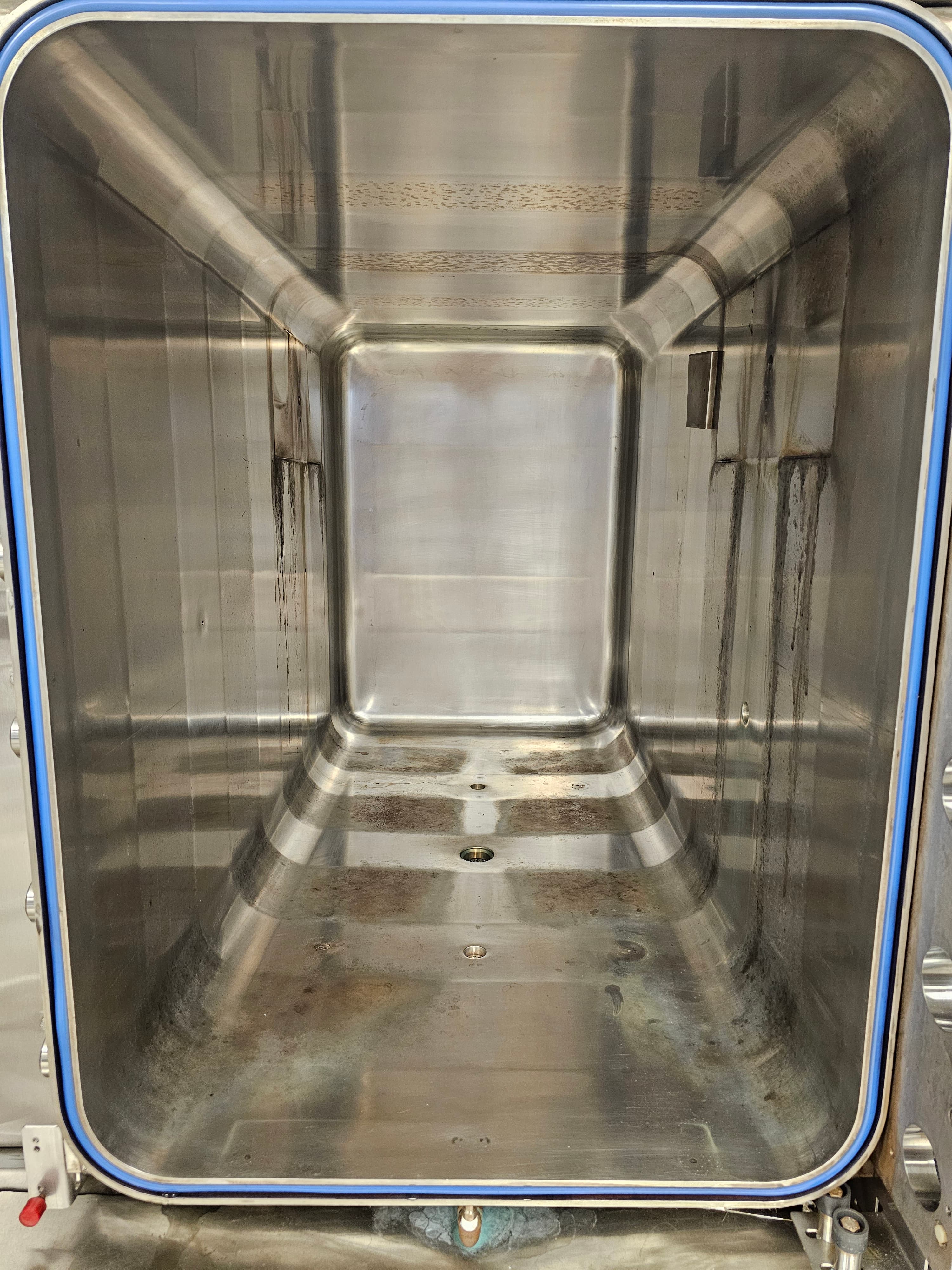 733 autoclave chamber before cleaning — heavy mineral deposits
